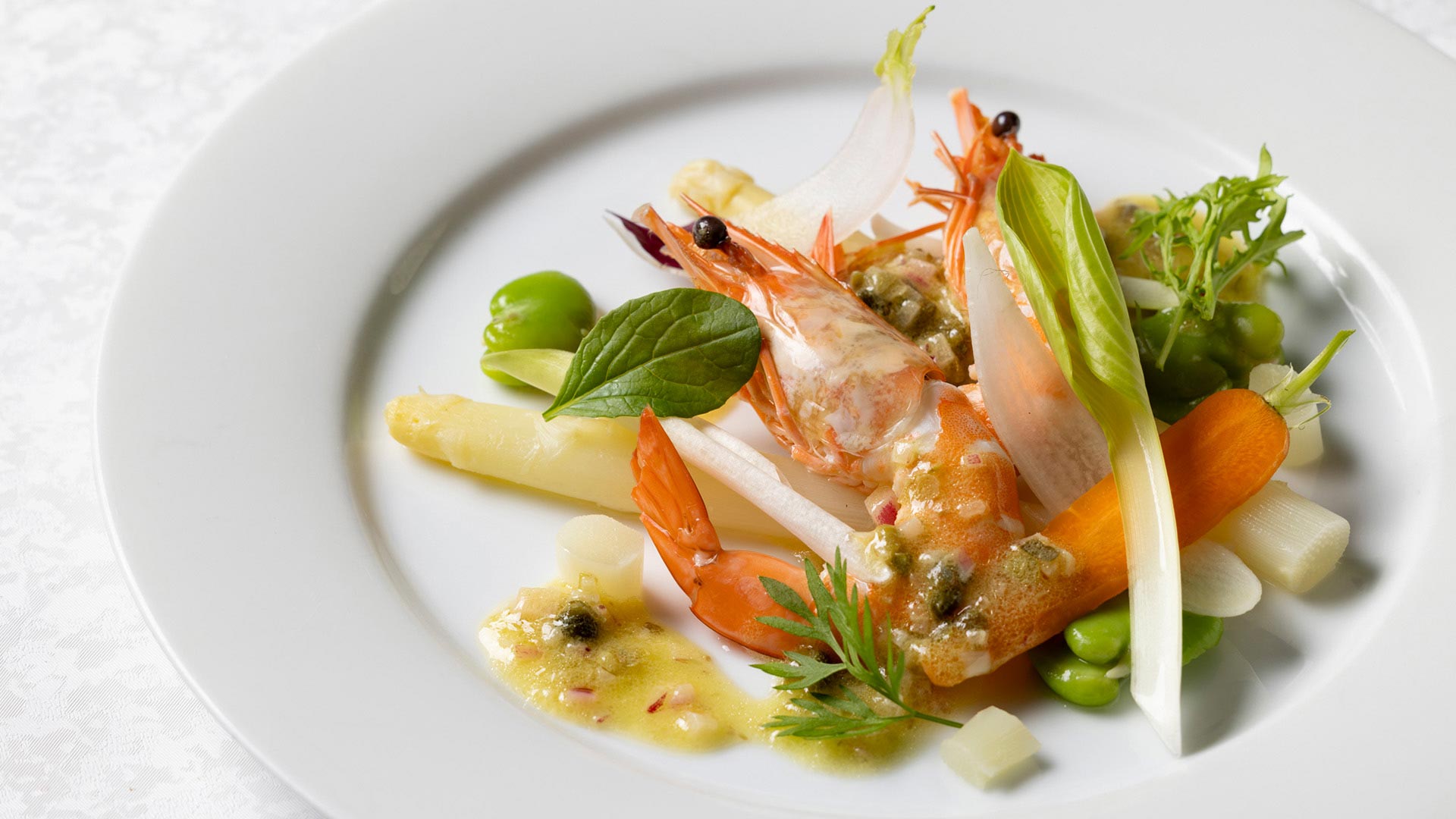 French Dinner Course focus on White Asparagus